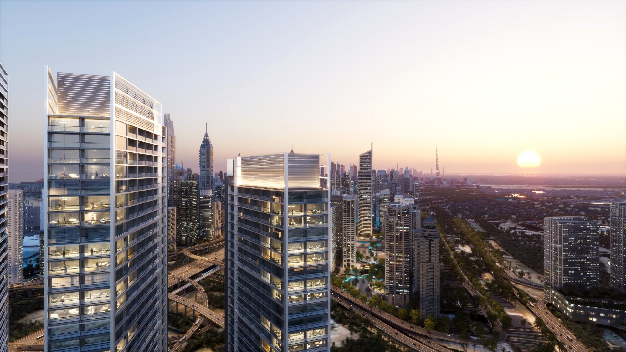 De zes torens van Sobha Central aan Sheikh Zayed Road, naast Jumeirah Lake Towers